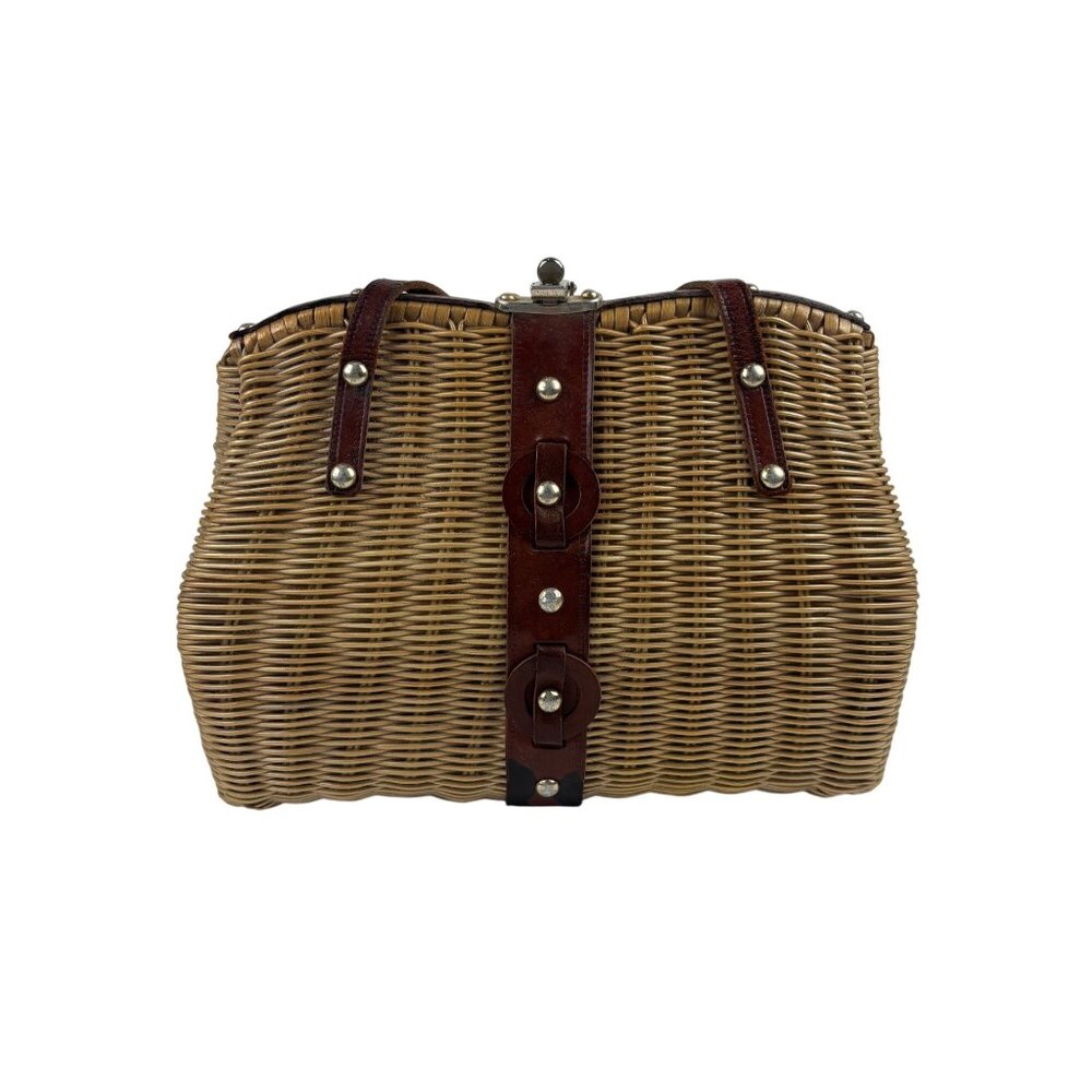 Vintage 50s Wicker Bag Beige Brown Leather Trim Top Handle Handbag AS IS - Picture 10 of 10